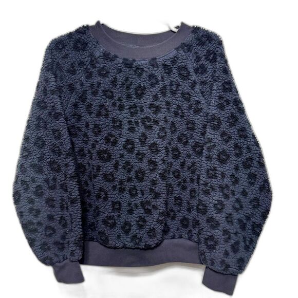 Old Navy Sherpa Sweatshirt Cheetah Navy Blue Soft Long Sleeve Womens sz Medium - Picture 1 of 8